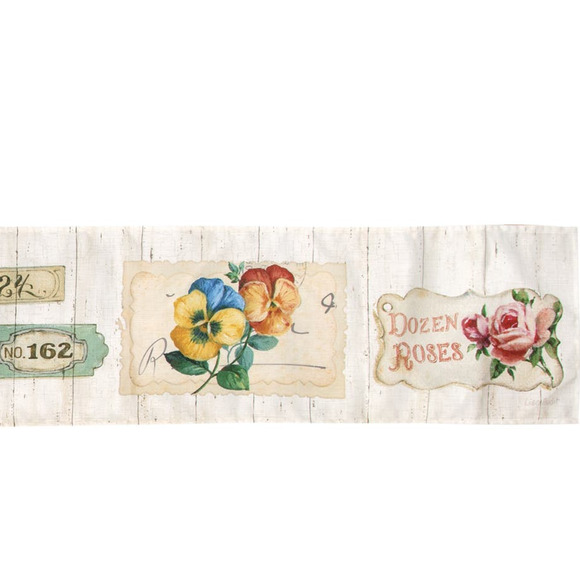 Garden Flower Market Table Runner Topper Dozen Roses Pansies Woven White NEW - Picture 3 of 5